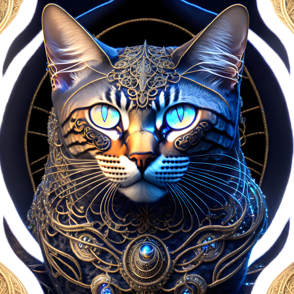 Mystical Cat Digital Artwork with Blue Eyes and Gold Jewelry