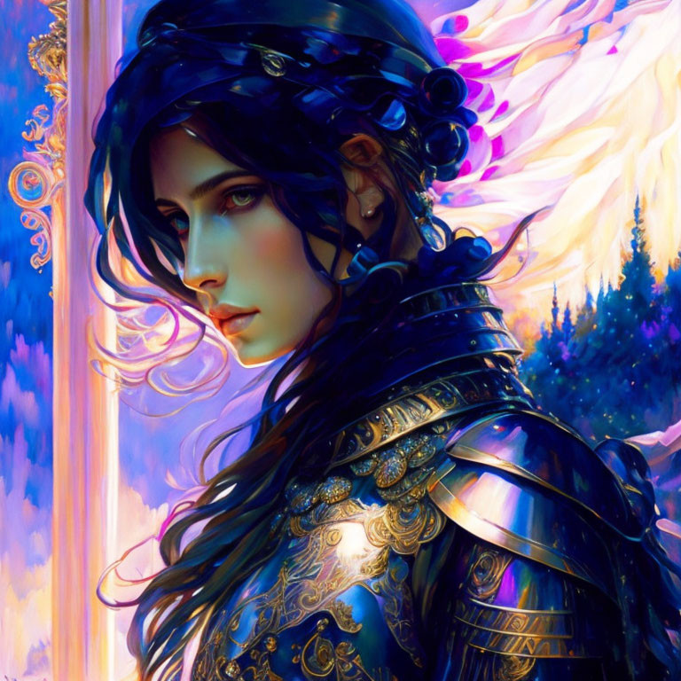 Digital painting of woman in elaborate armor with braided hair circlet on vibrant backdrop