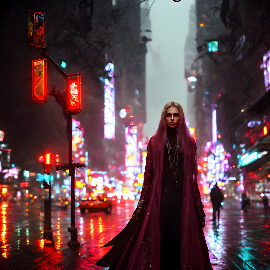 Mysterious figure with white hair in neon-lit rainy street