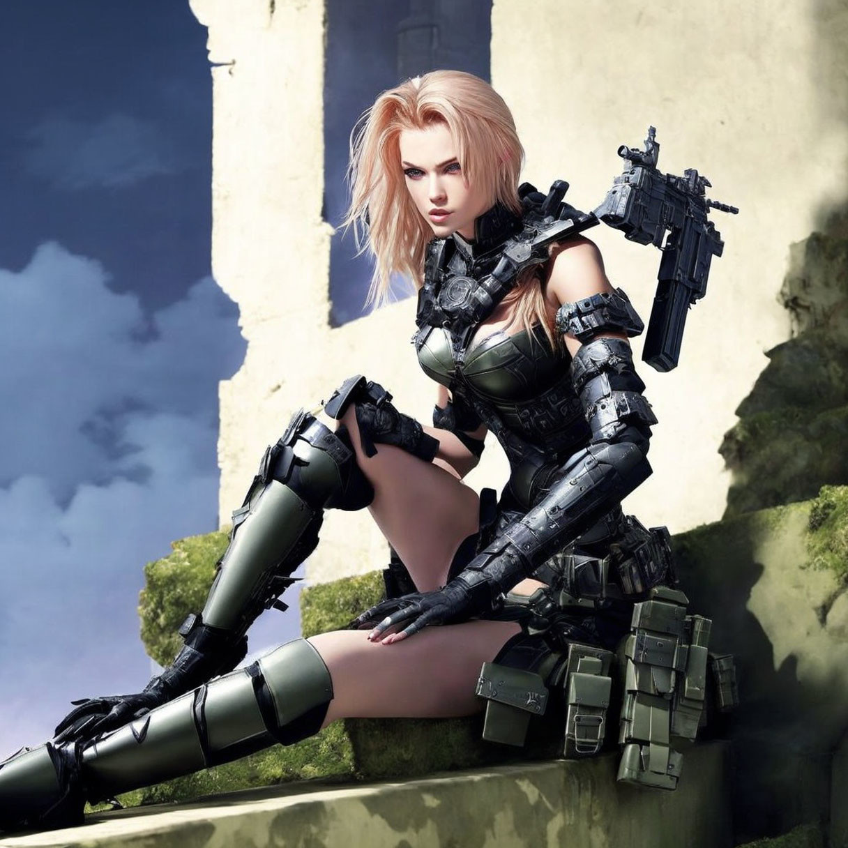 Blonde female character in futuristic armor with rifle on rubble