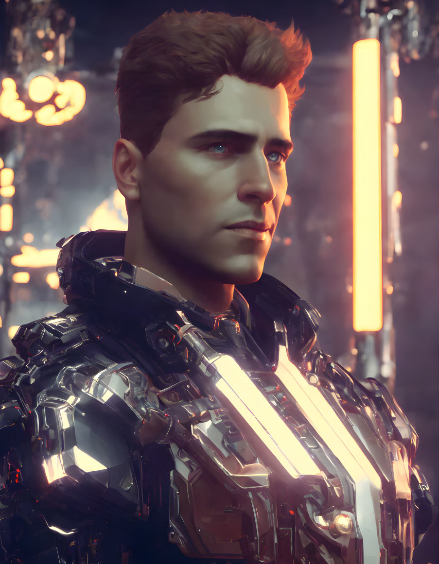 Futuristic armor man with styled hair in digital art