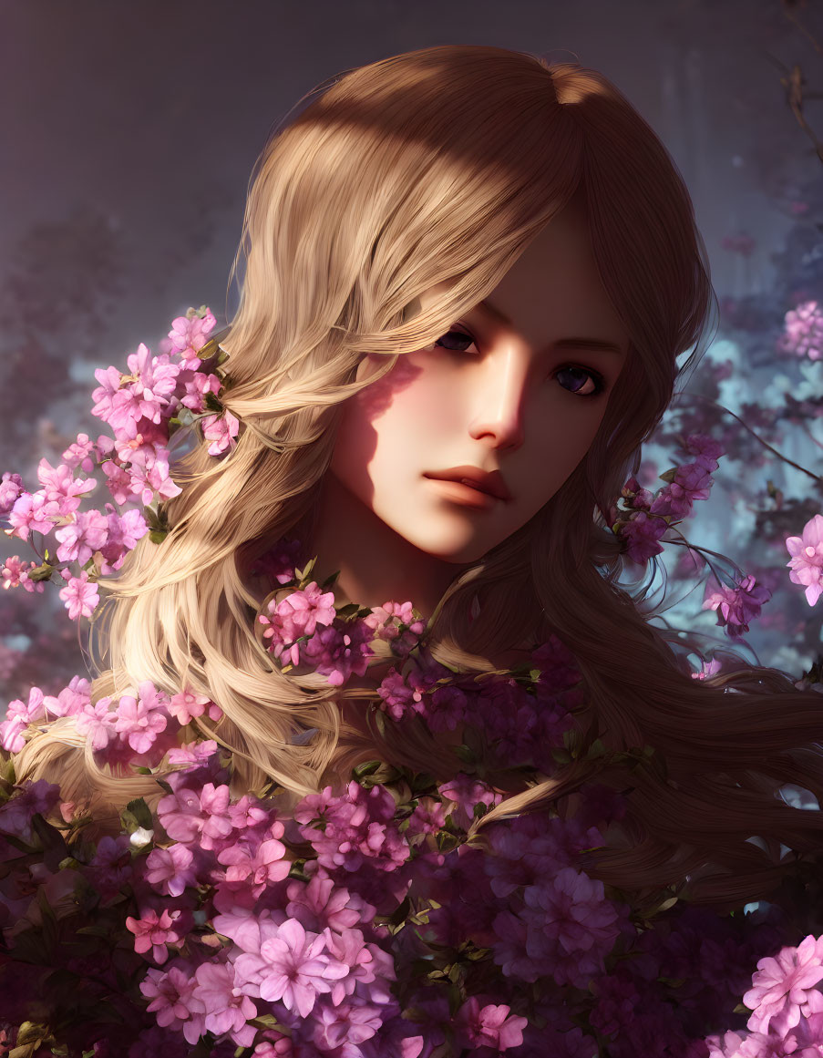 Blonde Woman Portrait with Pink Blossoms in Serene Setting