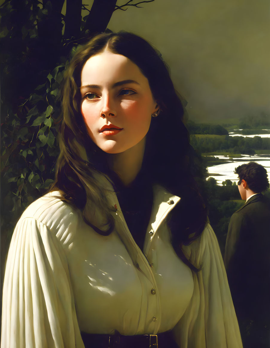 Portrait of woman with dark hair and fair skin, man's silhouette in background.