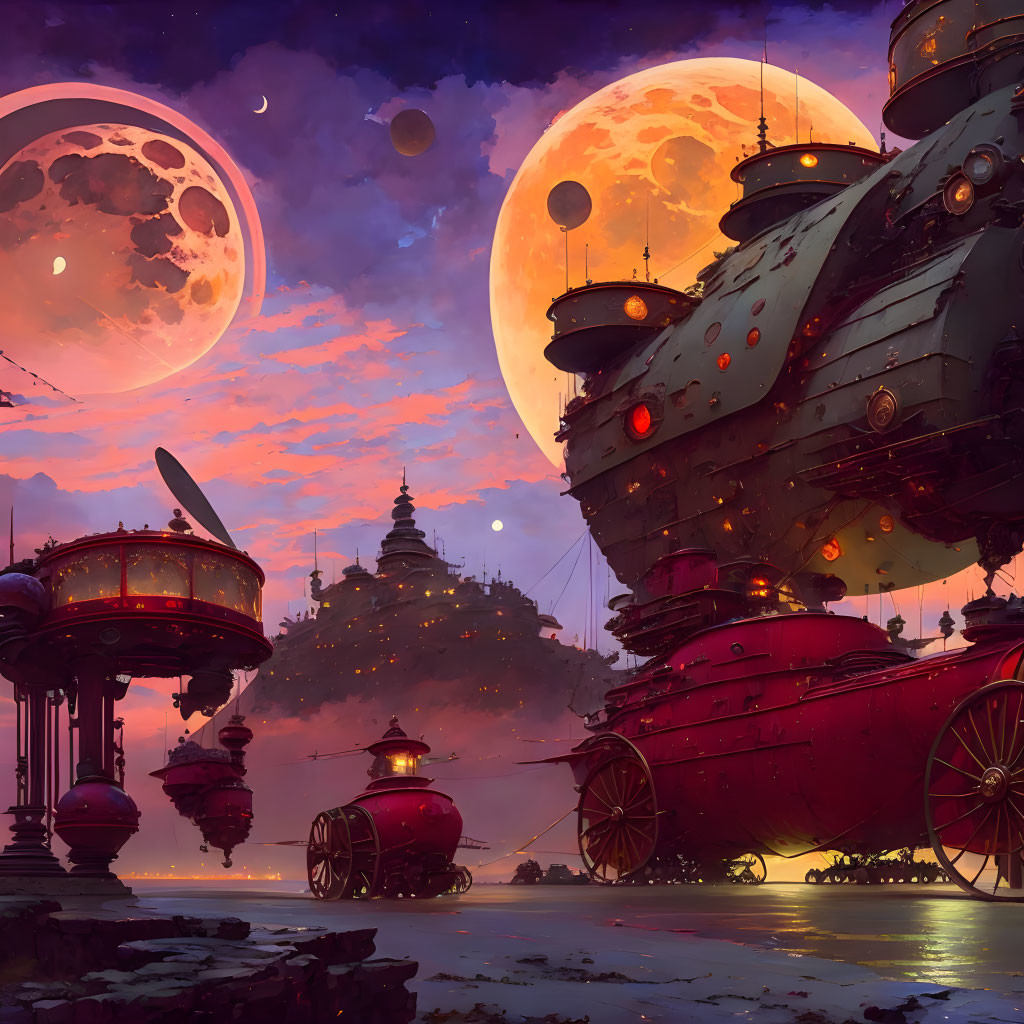 Steampunk cityscape at dusk with moon, airships, ornate buildings, and warm hues