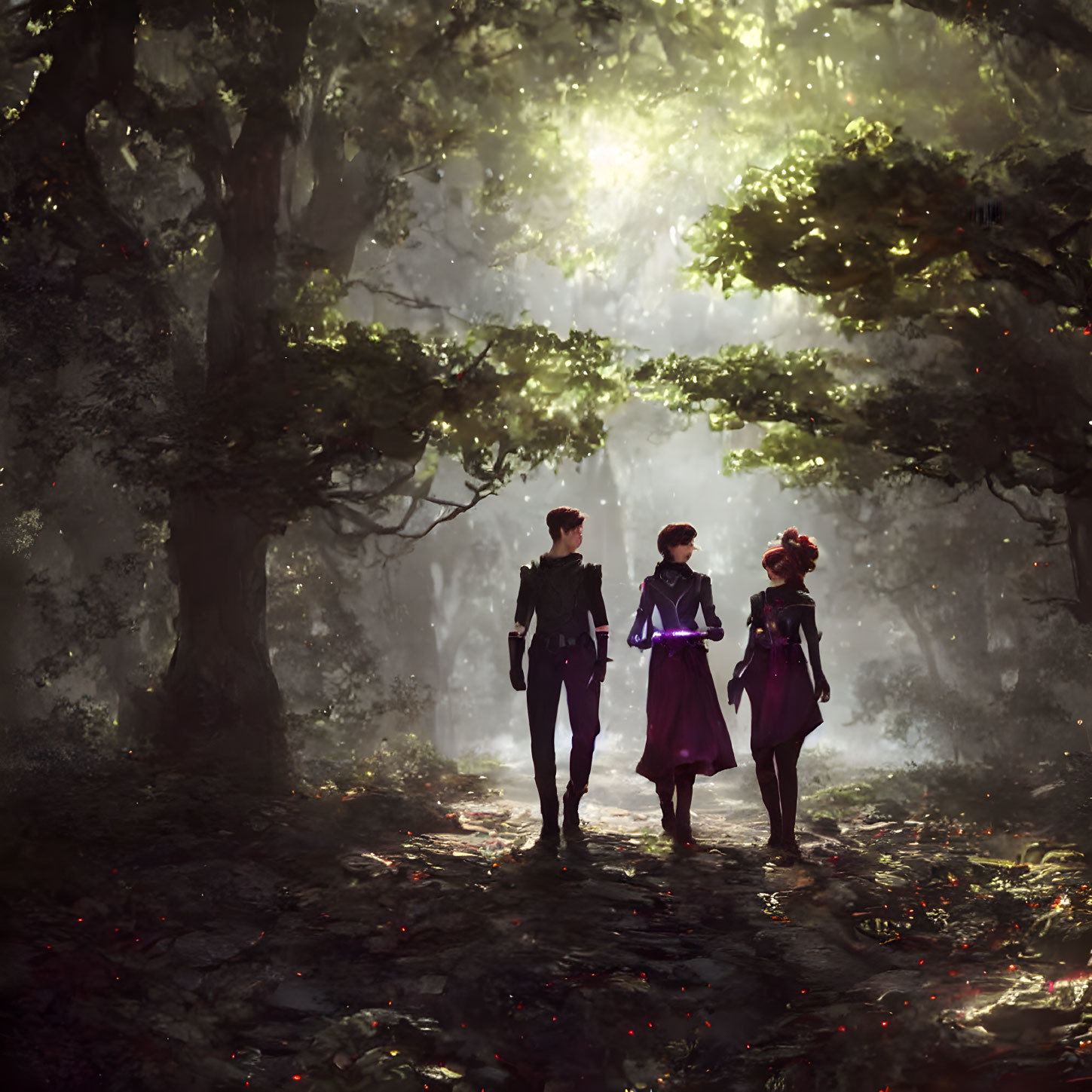 Mystical forest scene with three individuals walking under sunlight