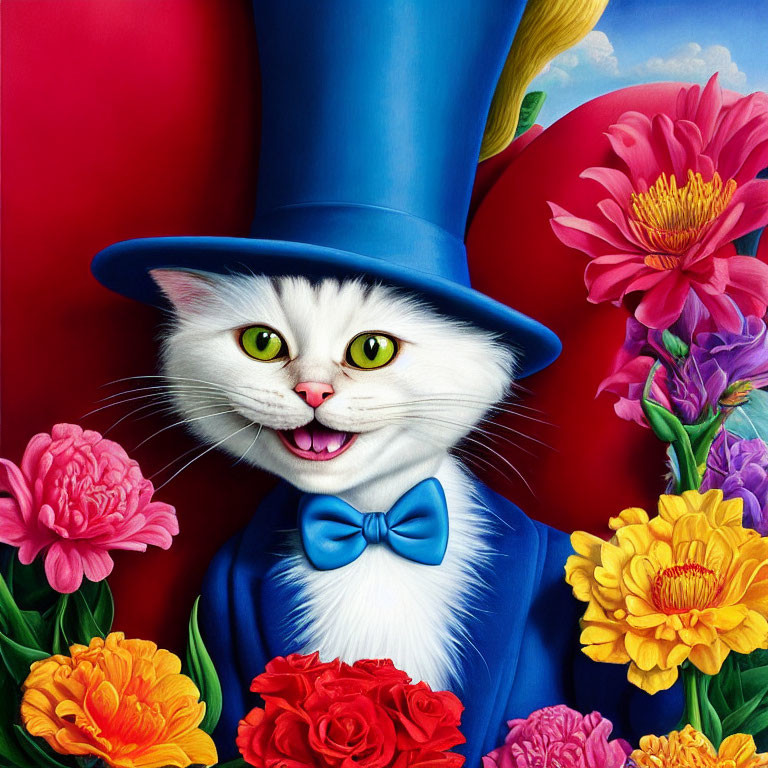 Smiling cat in blue hat and bow tie with vibrant flowers