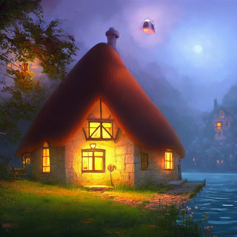 Quaint Thatched-Roof Cottage by Lake at Twilight