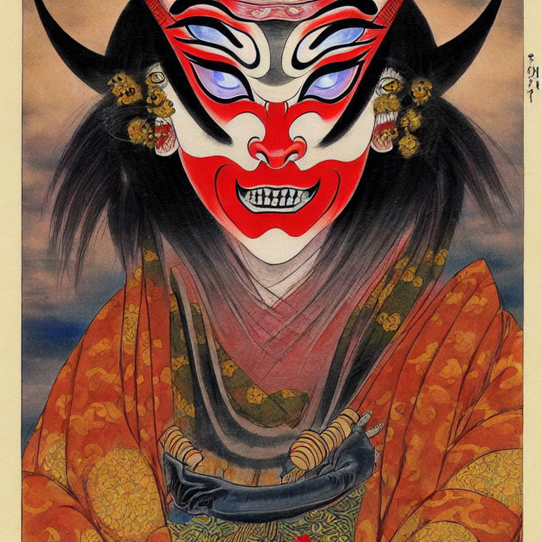 Traditional Japanese Kabuki Mask Illustration in Red, Black, and White Costume