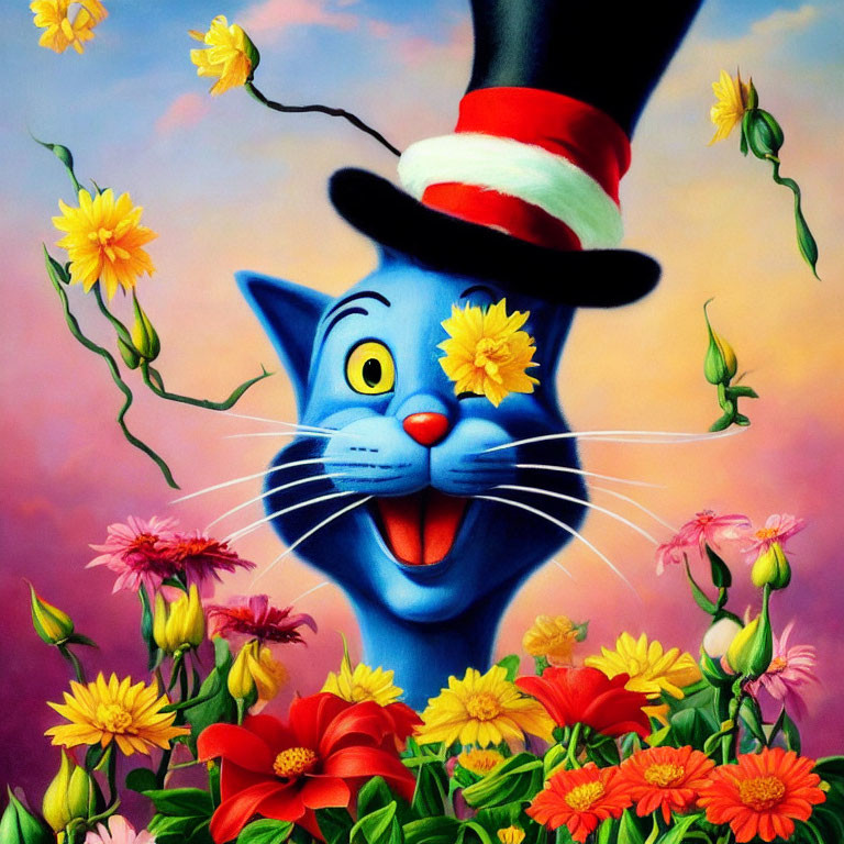 Vibrant artwork: Blue smiling cat in striped hat with blooming flowers on pastel sky
