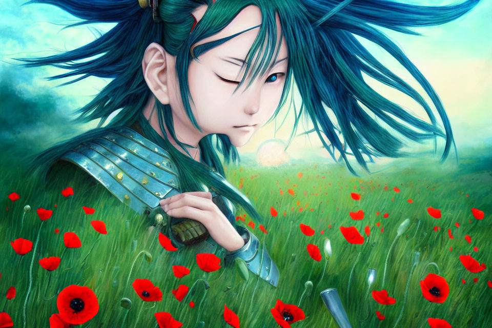 Digital artwork: Blue-haired person in armor among poppies