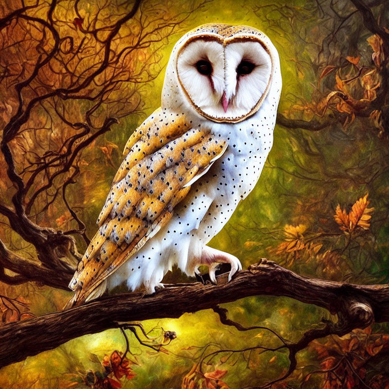 Majestic barn owl perched on gnarled branch in autumn forest
