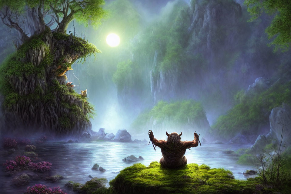 Fantasy landscape with tree house, waterfalls, moon, and figure by riverbank