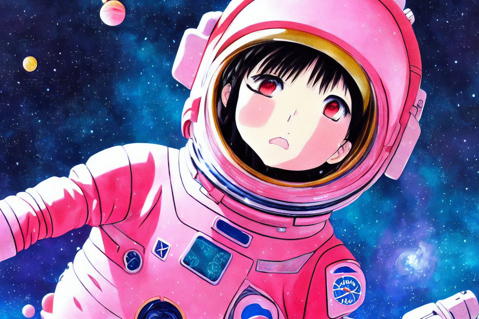 Anime-style illustration: Girl in pink space suit, reflective helmet, floating among stars and colorful planets.