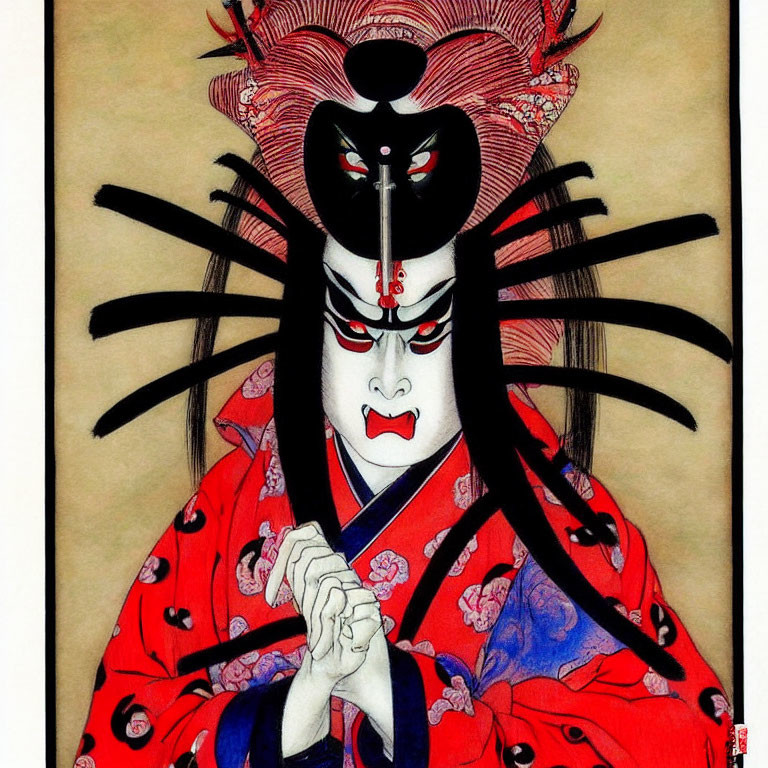 Traditional Japanese Kabuki actor with striking makeup and red & black headdress in red floral kimono.