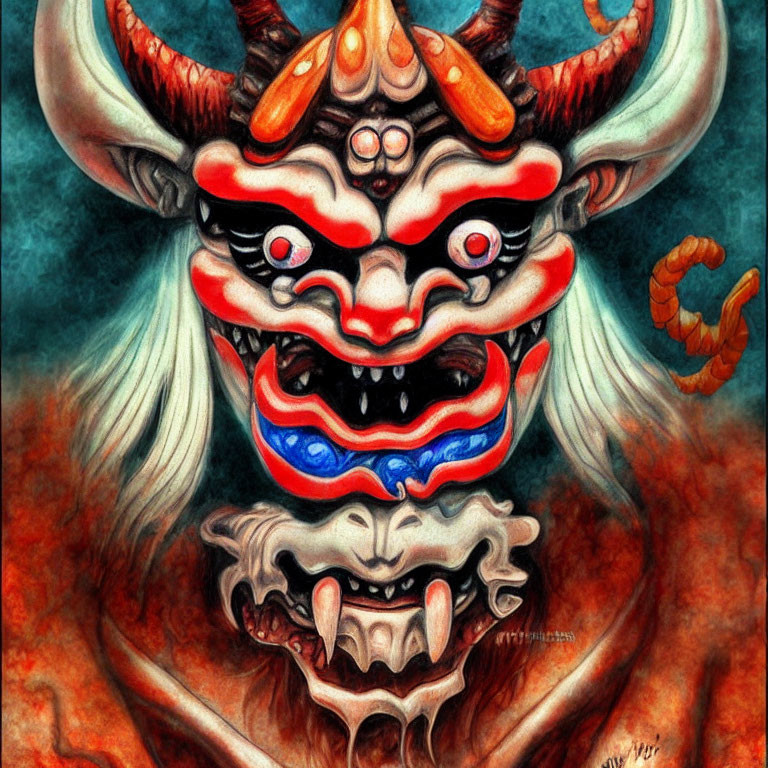 Colorful Mythological Creature with Horns, Multiple Eyes, and Sharp Teeth in Fiery Setting