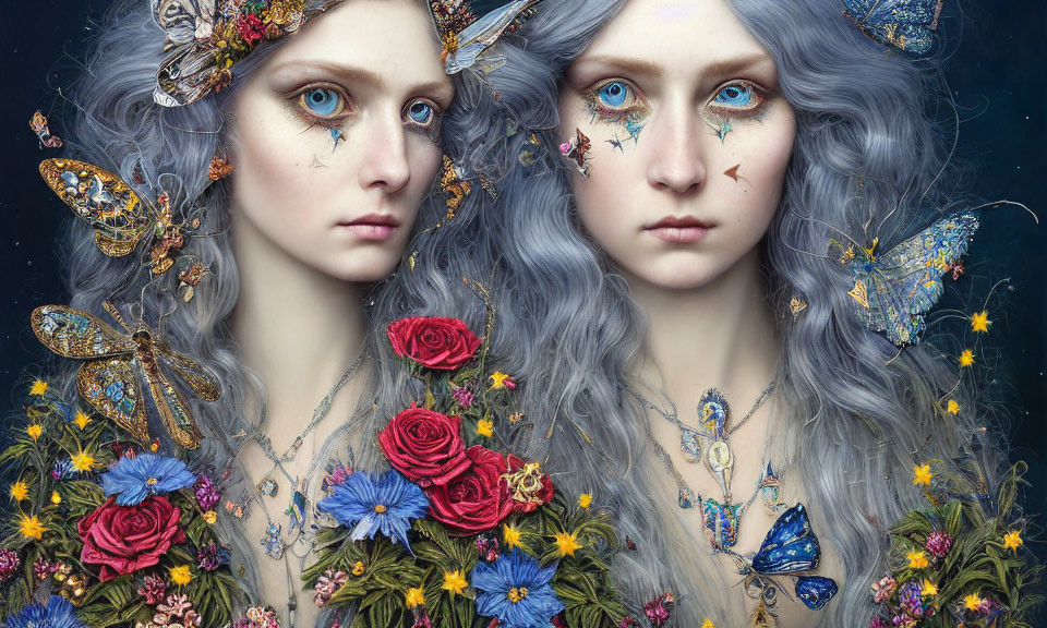 Ethereal women with pale skin and wavy grey hair in magical setting