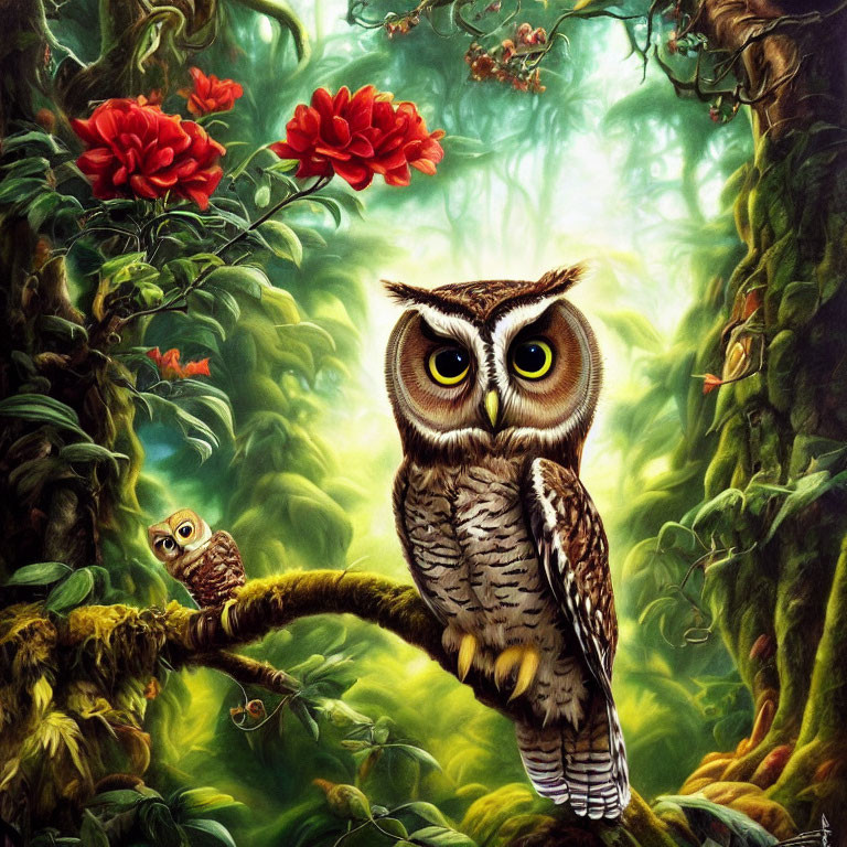Two Owls Perched on Branch in Lush Forest with Red Flowers