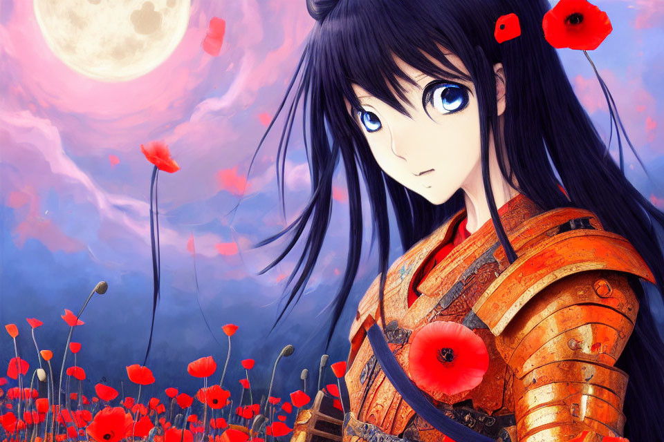 Female warrior with blue eyes and black hair in anime style among red poppies, under full moon.