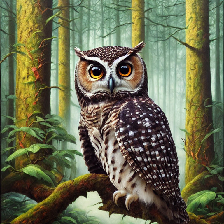 Illustrated owl with expressive eyes on misty forest branch