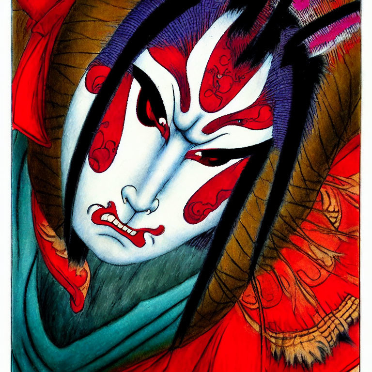 Traditional Kabuki actor illustration with red and black makeup and expressive eyes in a detailed red costume.