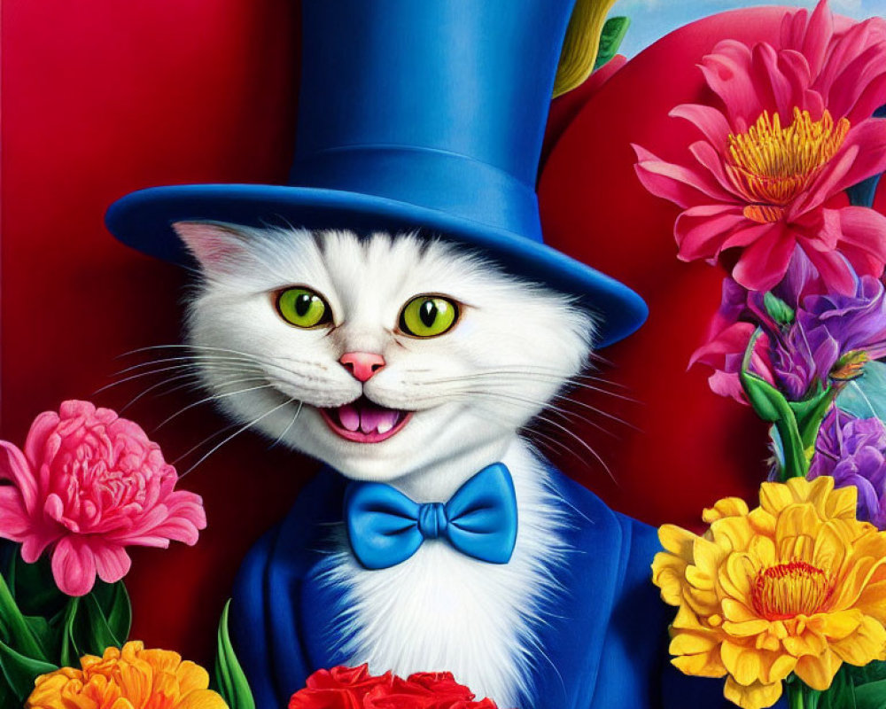 Smiling cat in blue hat and bow tie with vibrant flowers