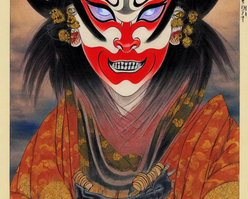 Traditional Japanese Kabuki Mask Illustration in Red, Black, and White Costume