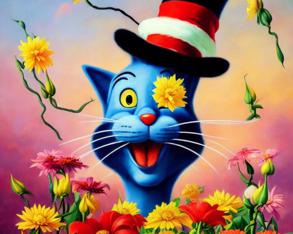 Vibrant artwork: Blue smiling cat in striped hat with blooming flowers on pastel sky