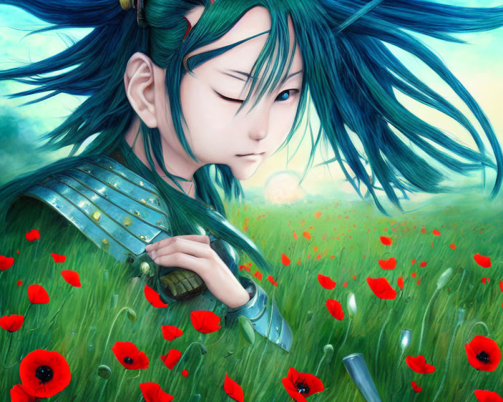 Digital artwork: Blue-haired person in armor among poppies