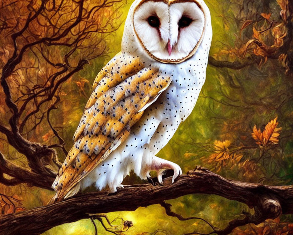 Majestic barn owl perched on gnarled branch in autumn forest