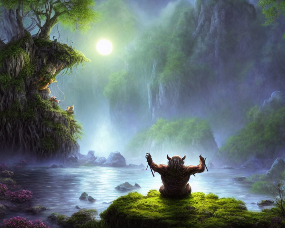 Fantasy landscape with tree house, waterfalls, moon, and figure by riverbank