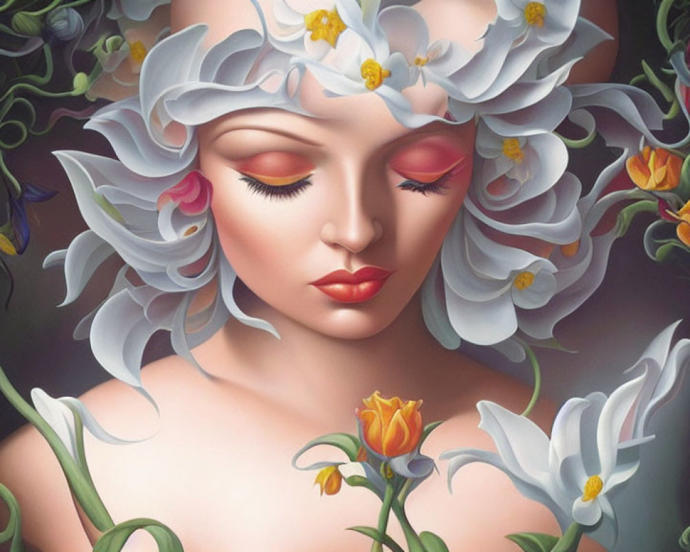 Illustration of serene woman with floral hair and vibrant colors