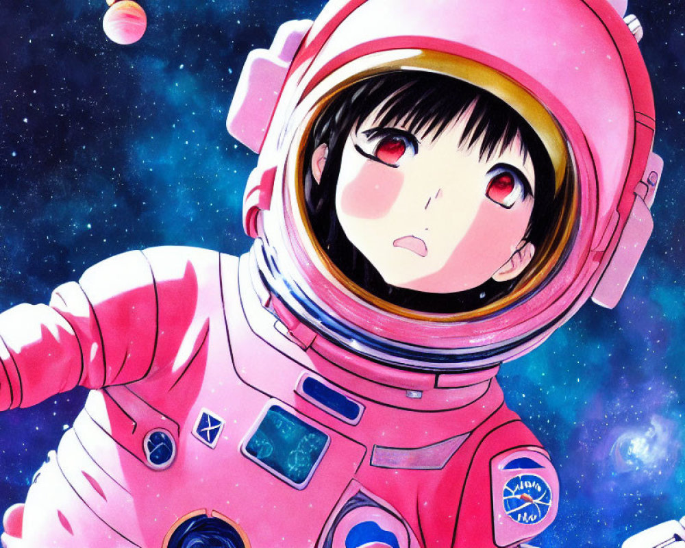 Anime-style illustration: Girl in pink space suit, reflective helmet, floating among stars and colorful planets.