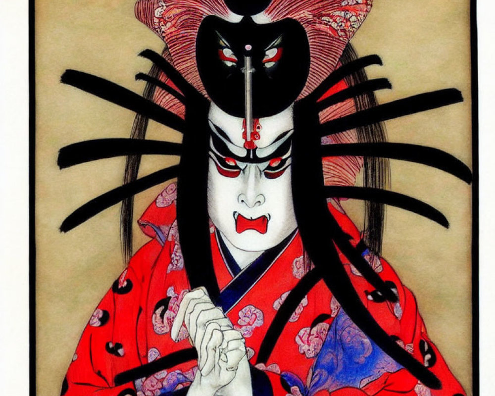 Traditional Japanese Kabuki actor with striking makeup and red & black headdress in red floral kimono.