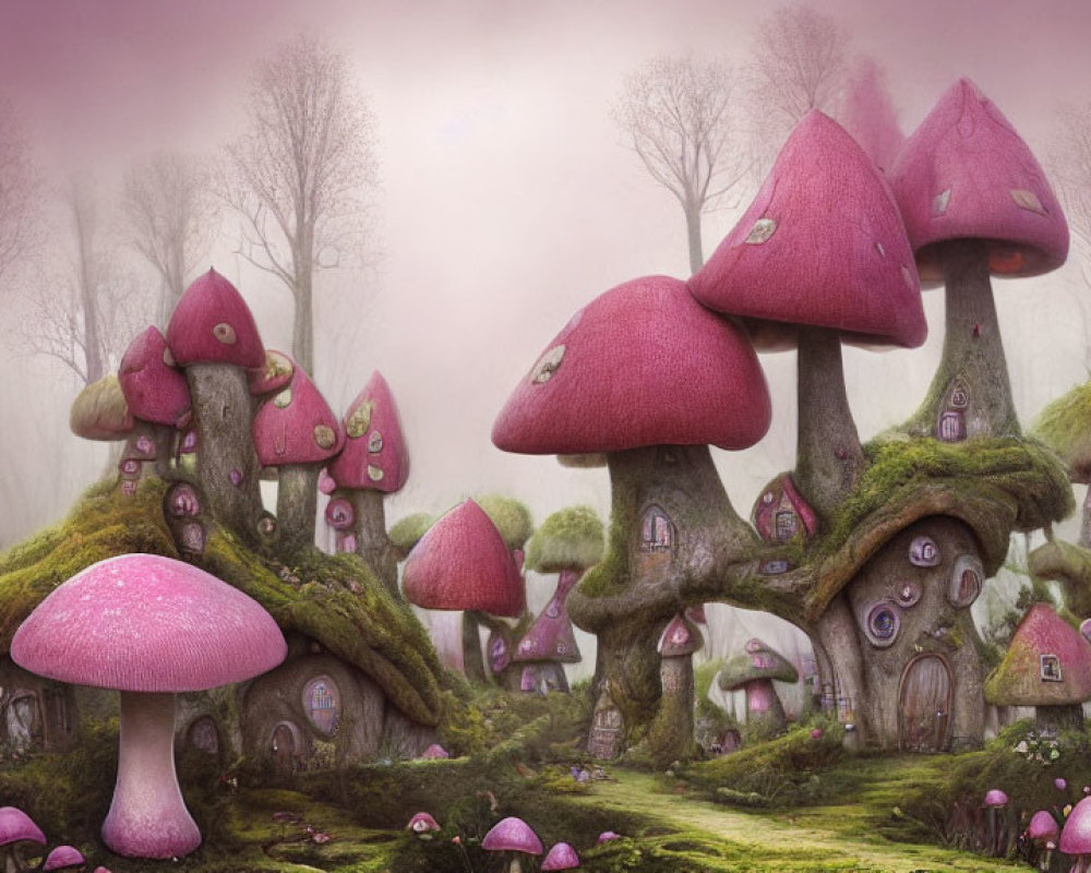 Whimsical forest scene with oversized mushroom houses in rich pink tones