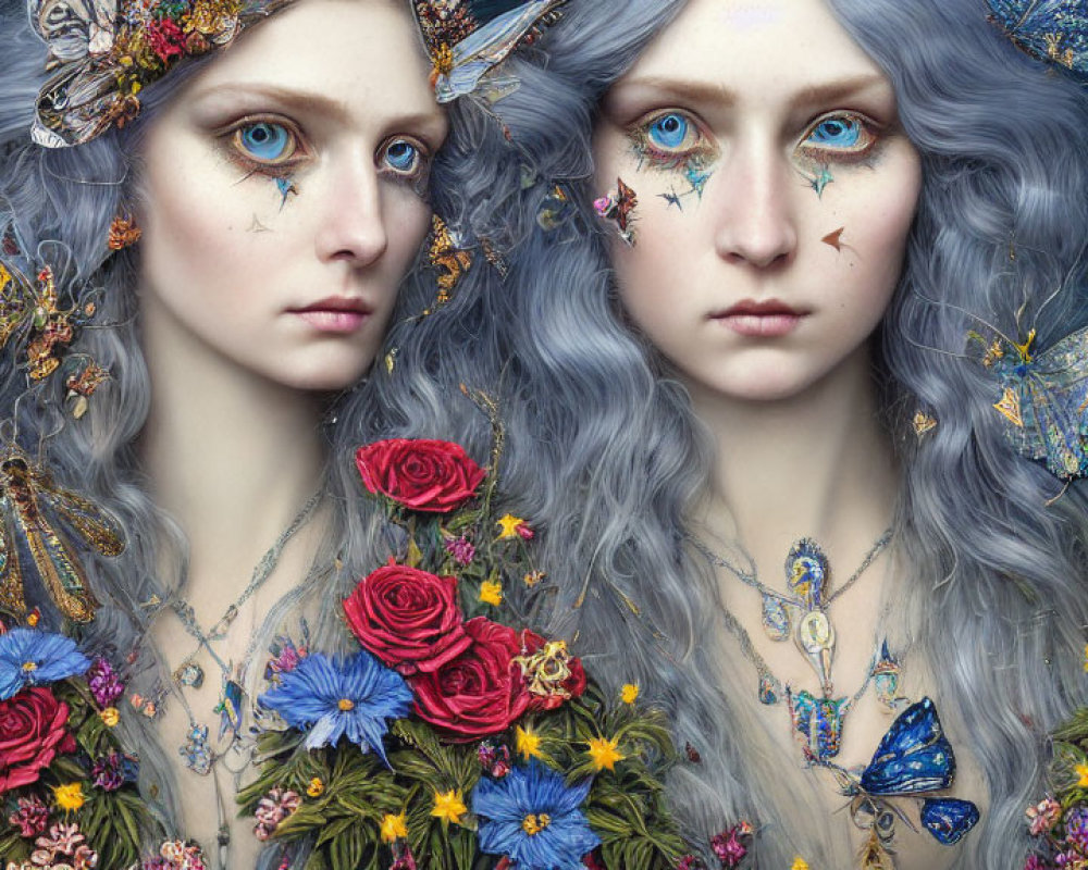 Ethereal women with pale skin and wavy grey hair in magical setting