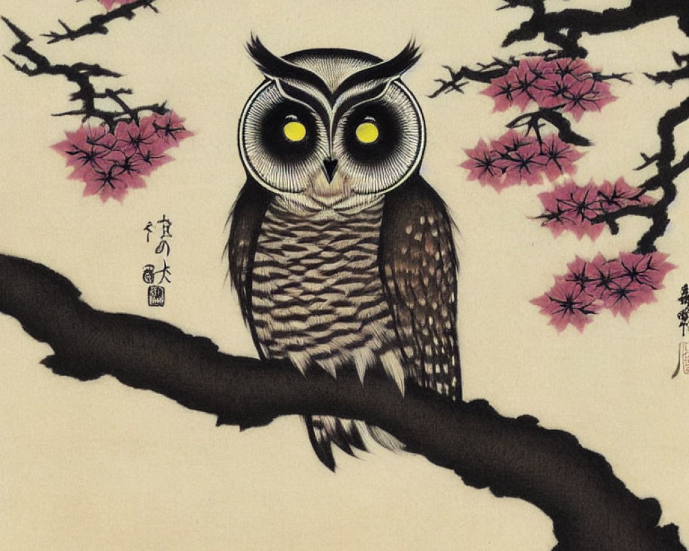 Illustrated owl on branch with pink cherry blossoms and Asian calligraphy.