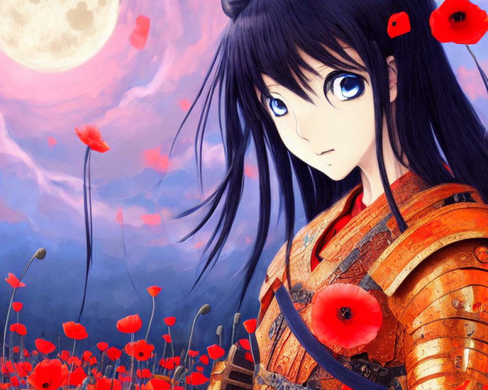 Female warrior with blue eyes and black hair in anime style among red poppies, under full moon.