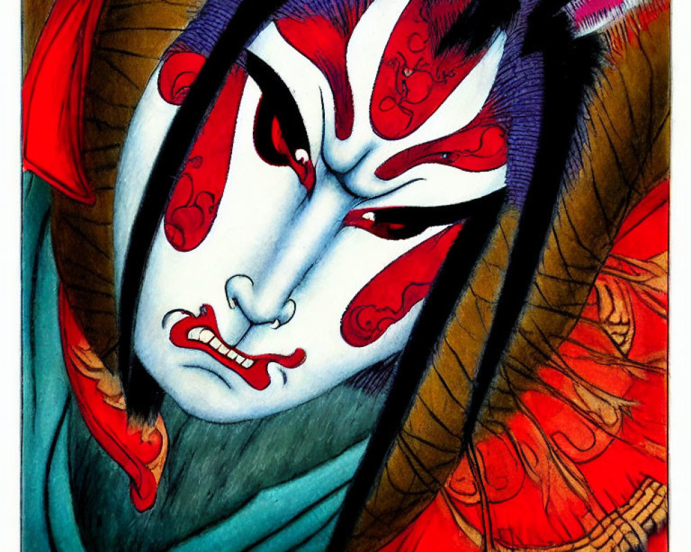 Traditional Kabuki actor illustration with red and black makeup and expressive eyes in a detailed red costume.