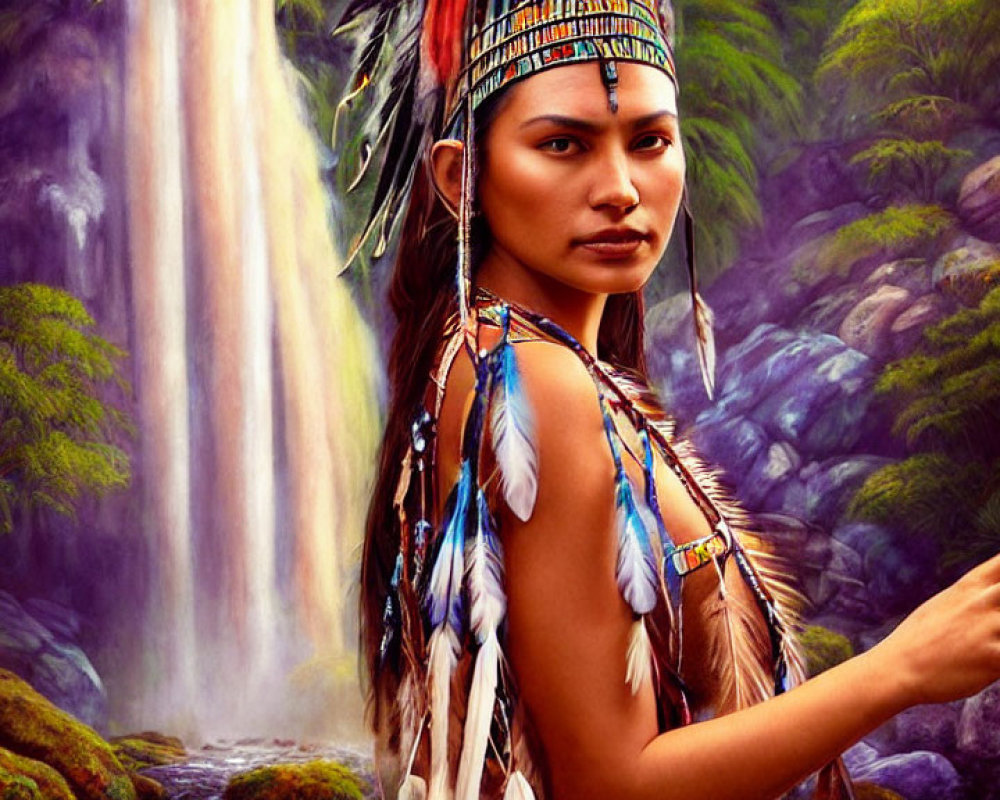 Native American woman in headdress by lush waterfall