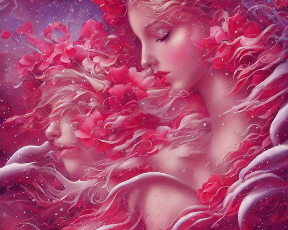 Ethereal artwork of two faces in swirling pink and red hues