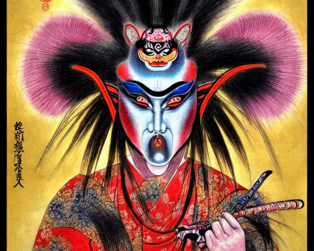 Vibrant Kabuki Actor Illustration with Fan on Gold Background