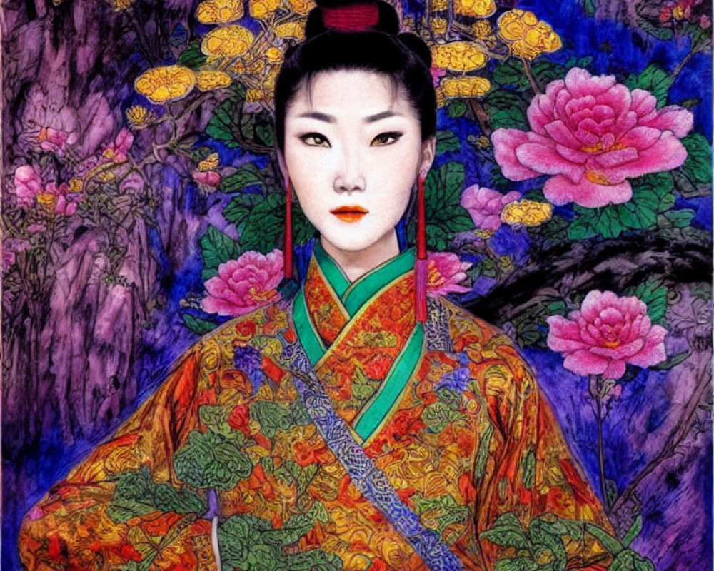 Colorful Traditional Asian Woman Amid Vibrant Flowers & Purple Background