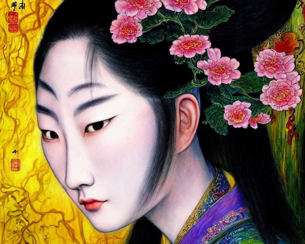 Traditional Asian-style painting of woman with floral hair accessories, intricate makeup, and ornate clothing on golden