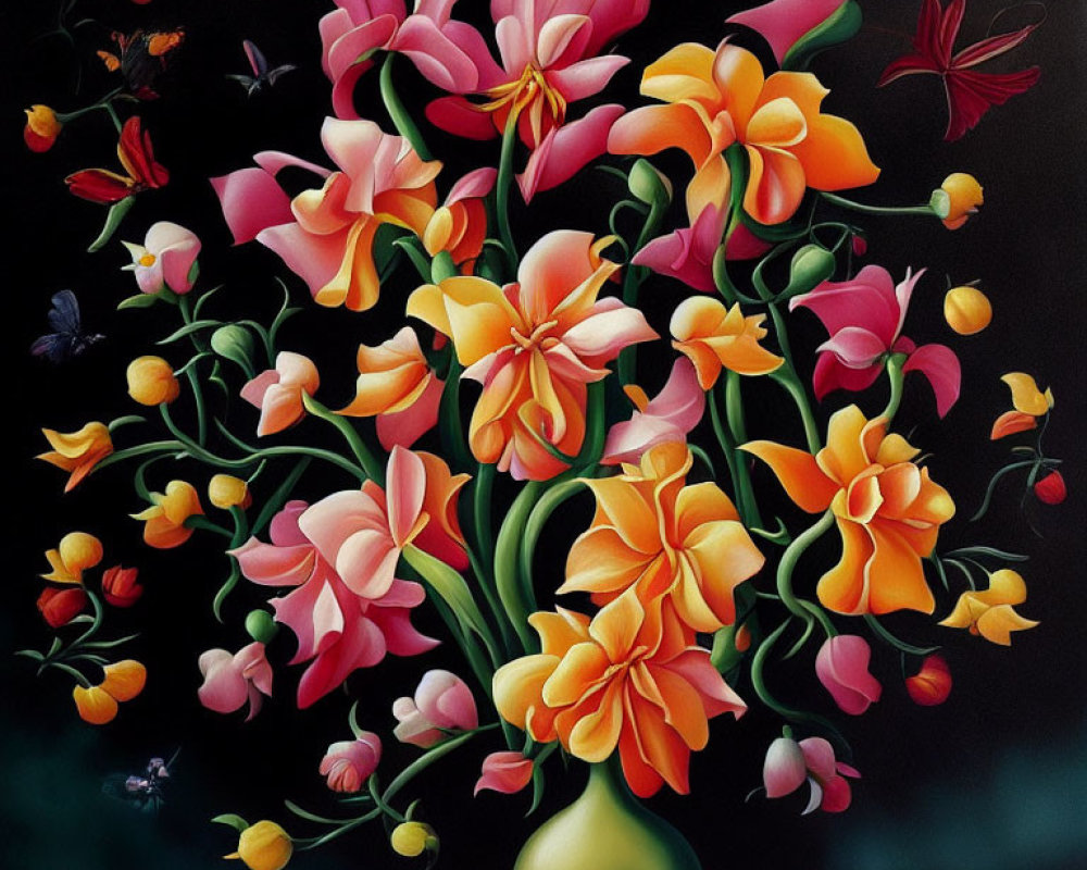 Colorful array of pink, orange, and red flowers on dark background