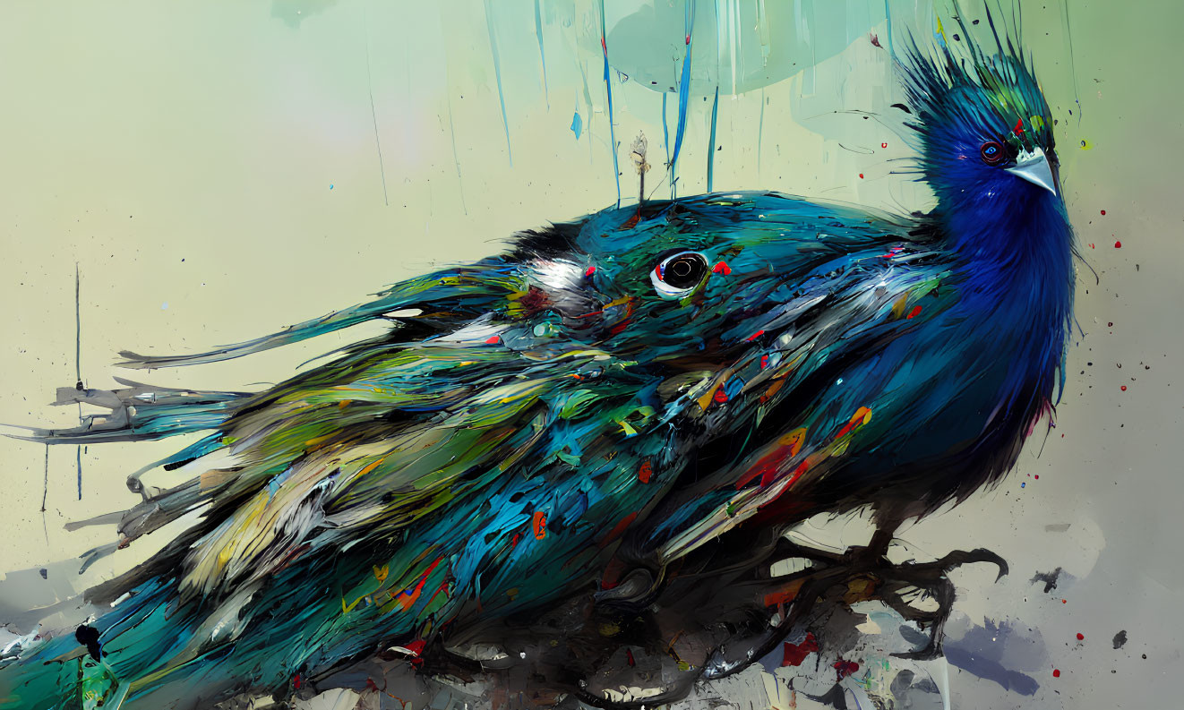 Vibrant abstract painting of two birds in blue, green, and red splattered effects