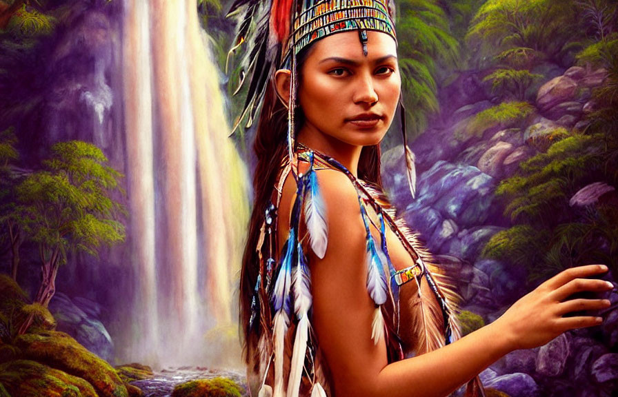 Native American woman in headdress by lush waterfall