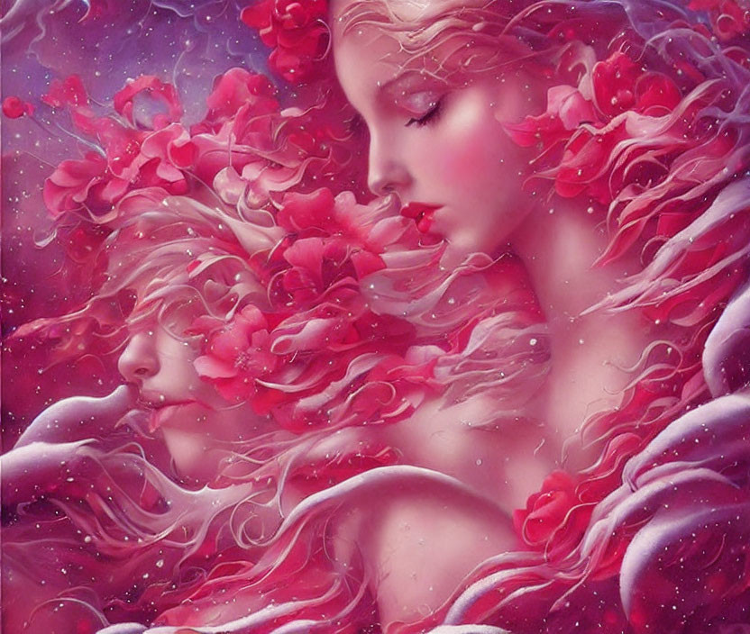 Ethereal artwork of two faces in swirling pink and red hues