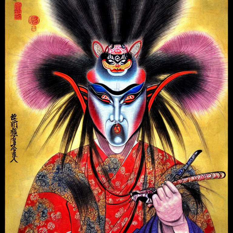 Vibrant Kabuki Actor Illustration with Fan on Gold Background