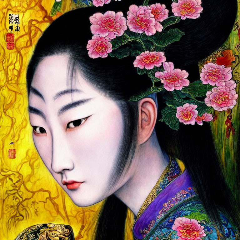 Traditional Asian-style painting of woman with floral hair accessories, intricate makeup, and ornate clothing on golden