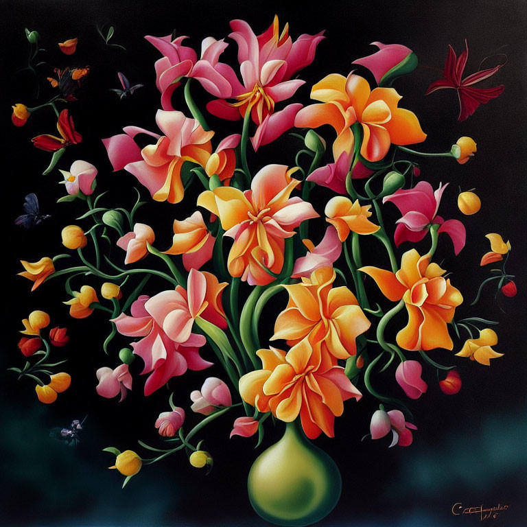 Colorful array of pink, orange, and red flowers on dark background
